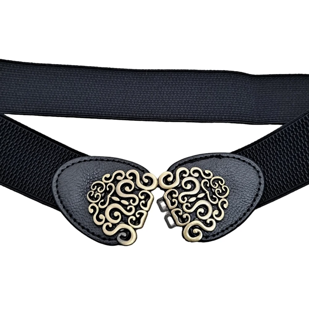 Black gold floral buckle faux leather corset boho stretch waist statement belt